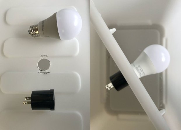 フタに穴を開け、電球とソケットを挟む